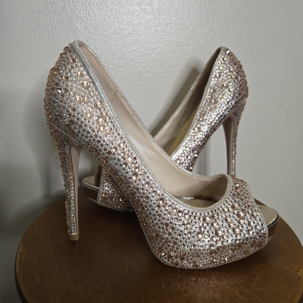 Lauren Lorraine Open Toe Platform Rhinestone Crystal Slingback Pump